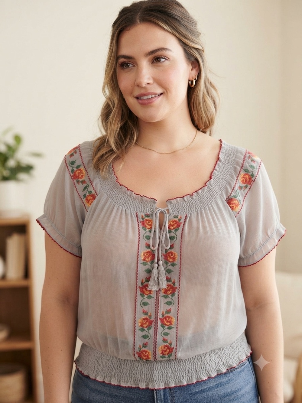 Isabella Rodriguez Gray Floral-Embroidered Smocked Blouse